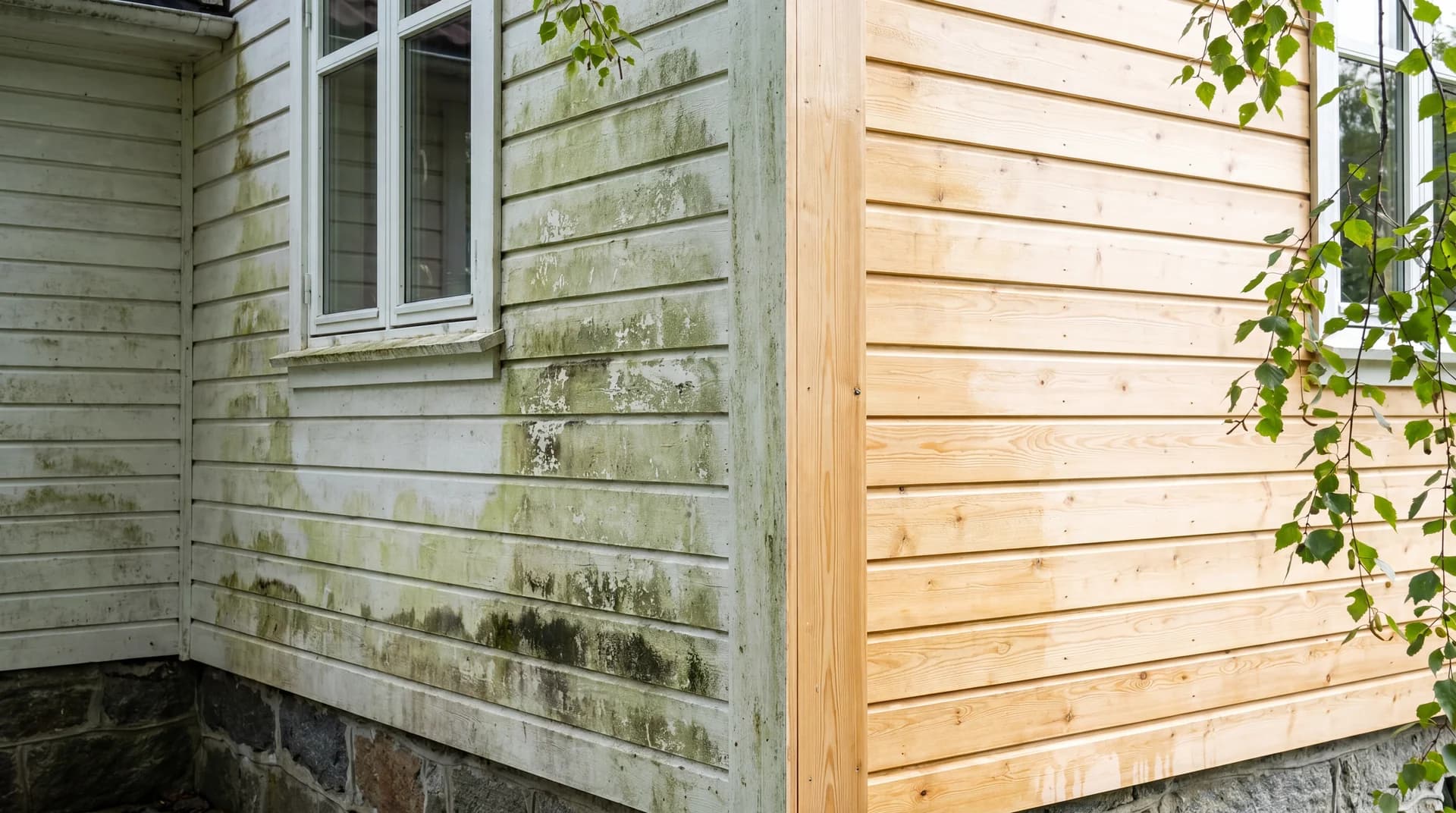 Sammenligning av ren og algegrodd fasade som viser forskjellen i overflaterenhet