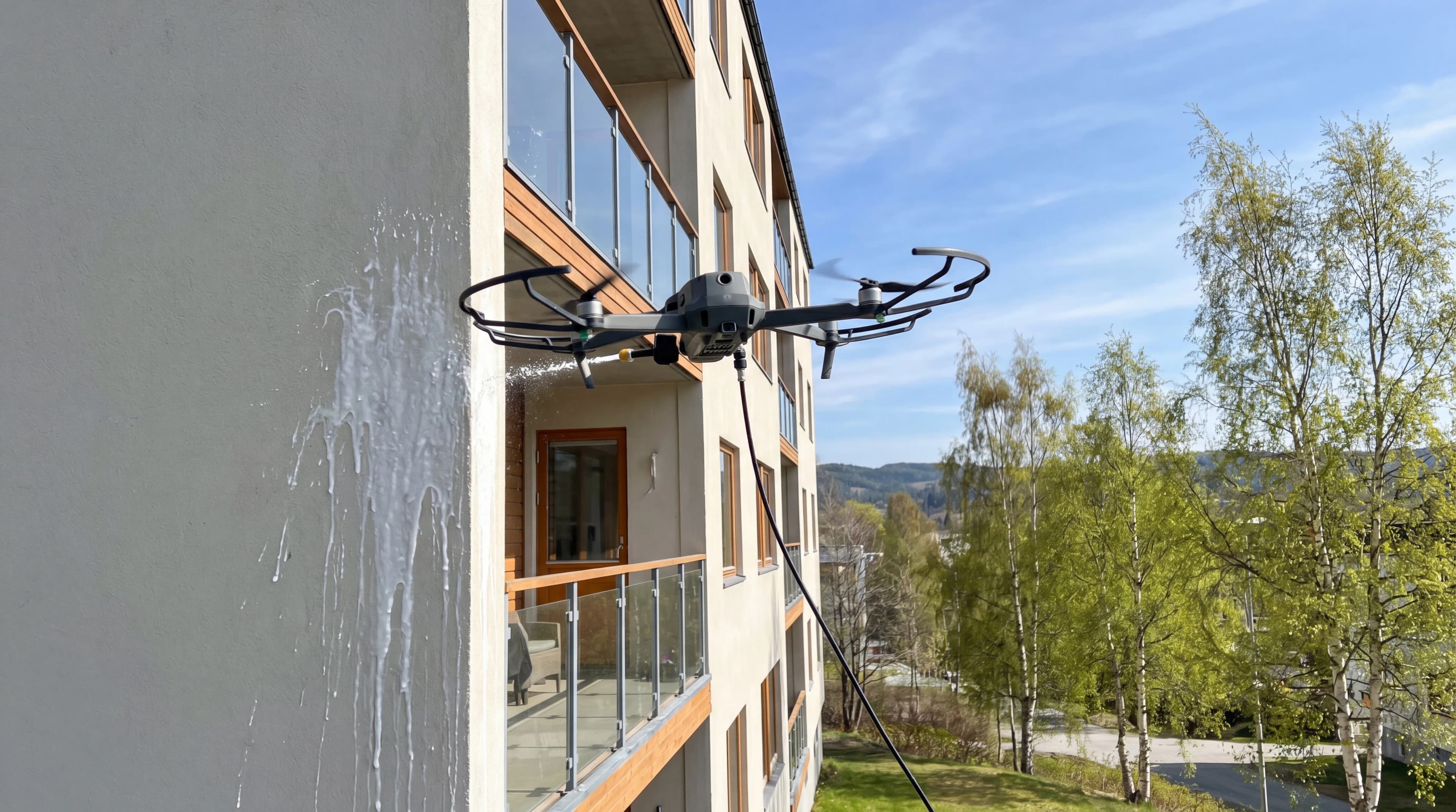 Drone vasker fasaden på en borettslagsbygning med filtrert vann