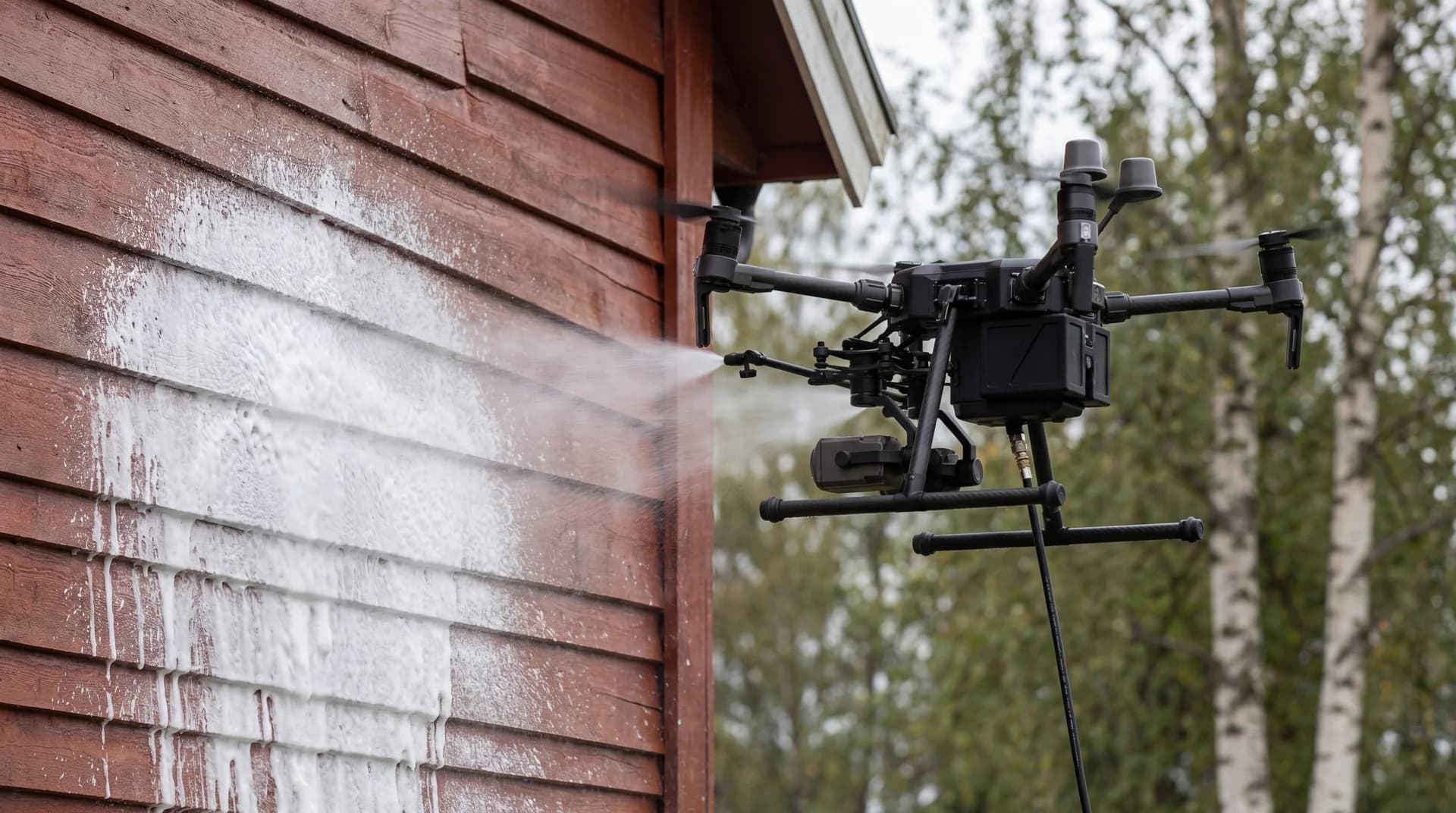Softwash-behandling påføres norsk trefasade med skånsomt lavtrykk fra drone