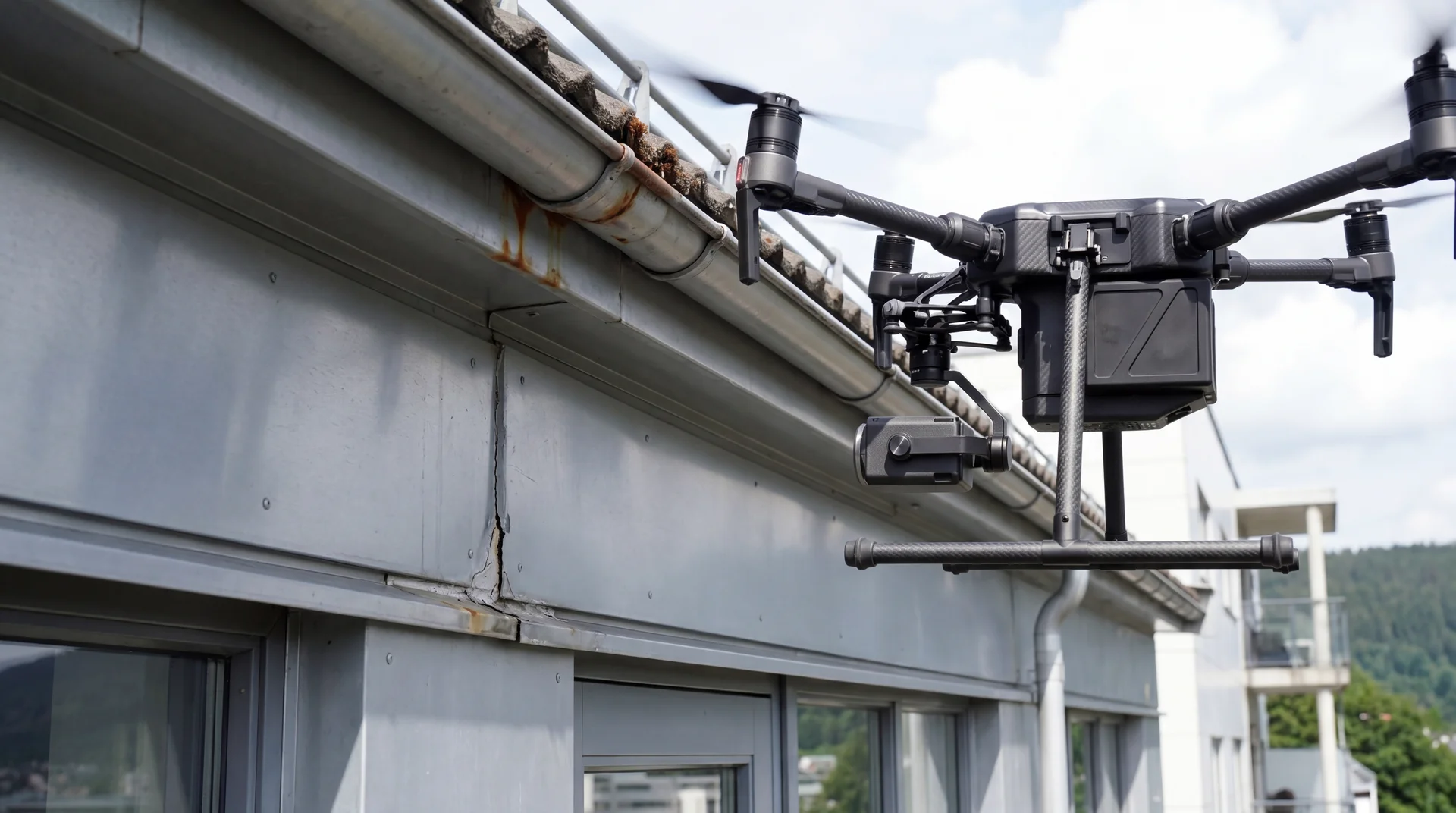 Teknisk inspeksjon av borettslagsbygg med drone som undersøker fasade og byggdetaljer