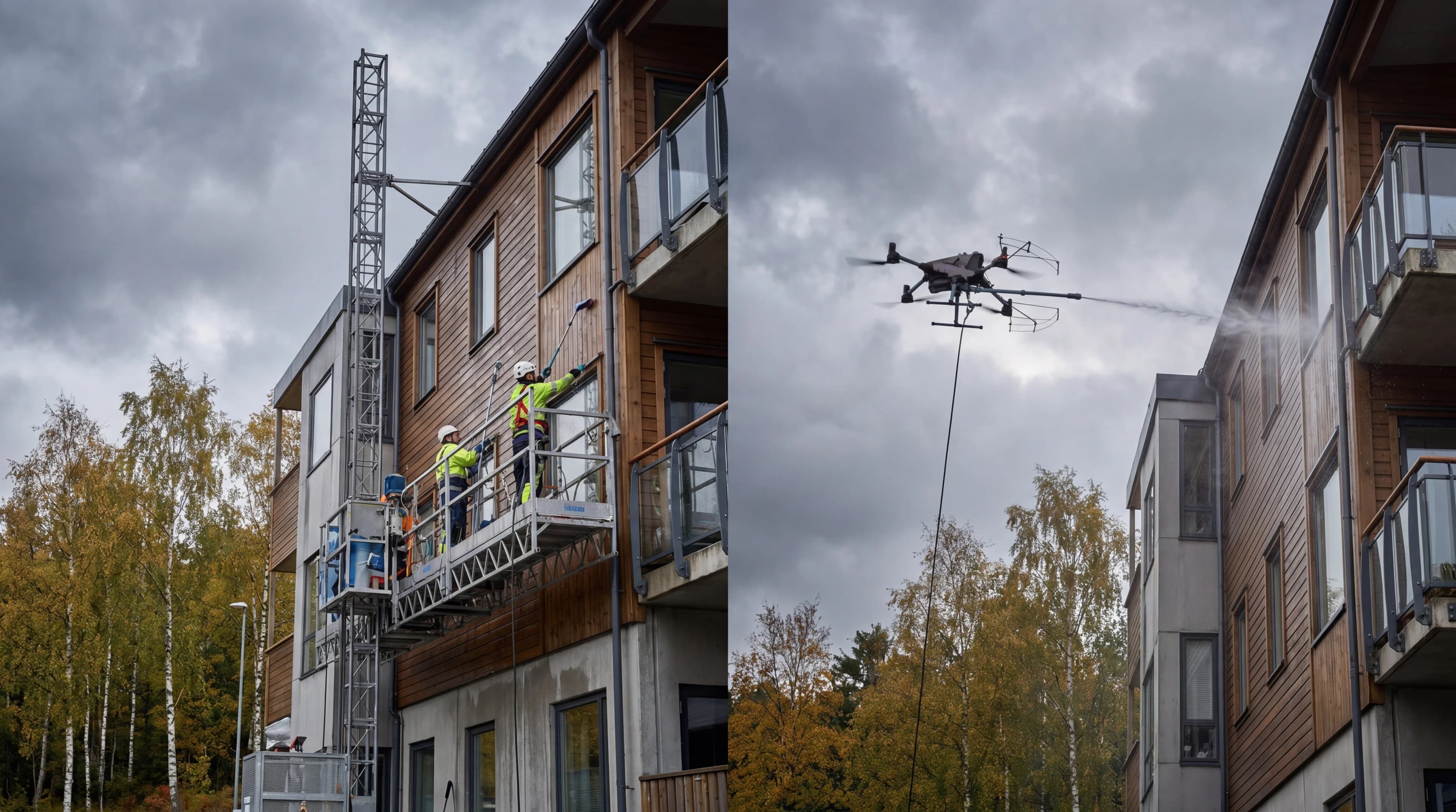 Sammenligning av lift og drone for fasadevask — tradisjonell metode mot moderne dronevasking.
