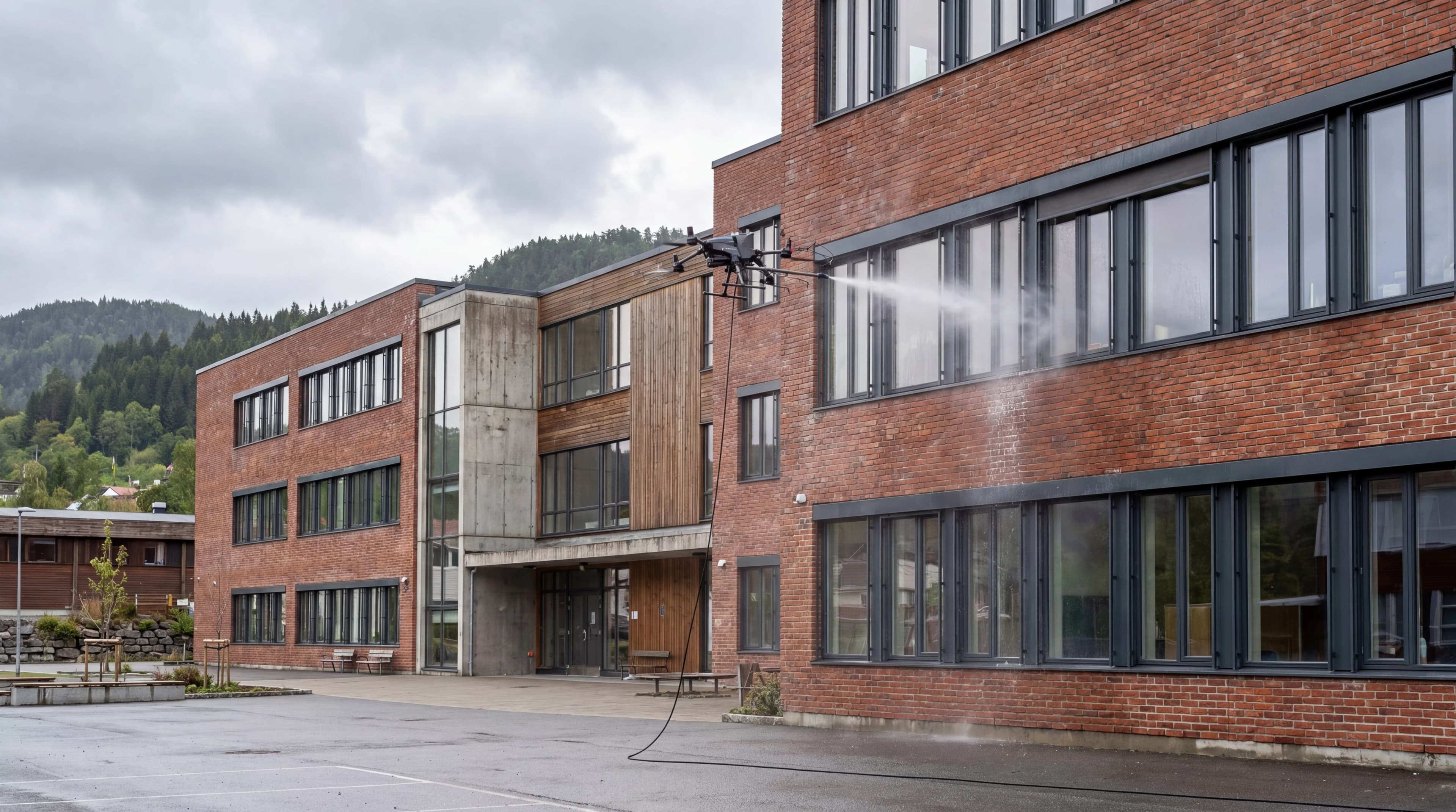 Drone som vasker fasaden på en norsk kommunal skolebygning.