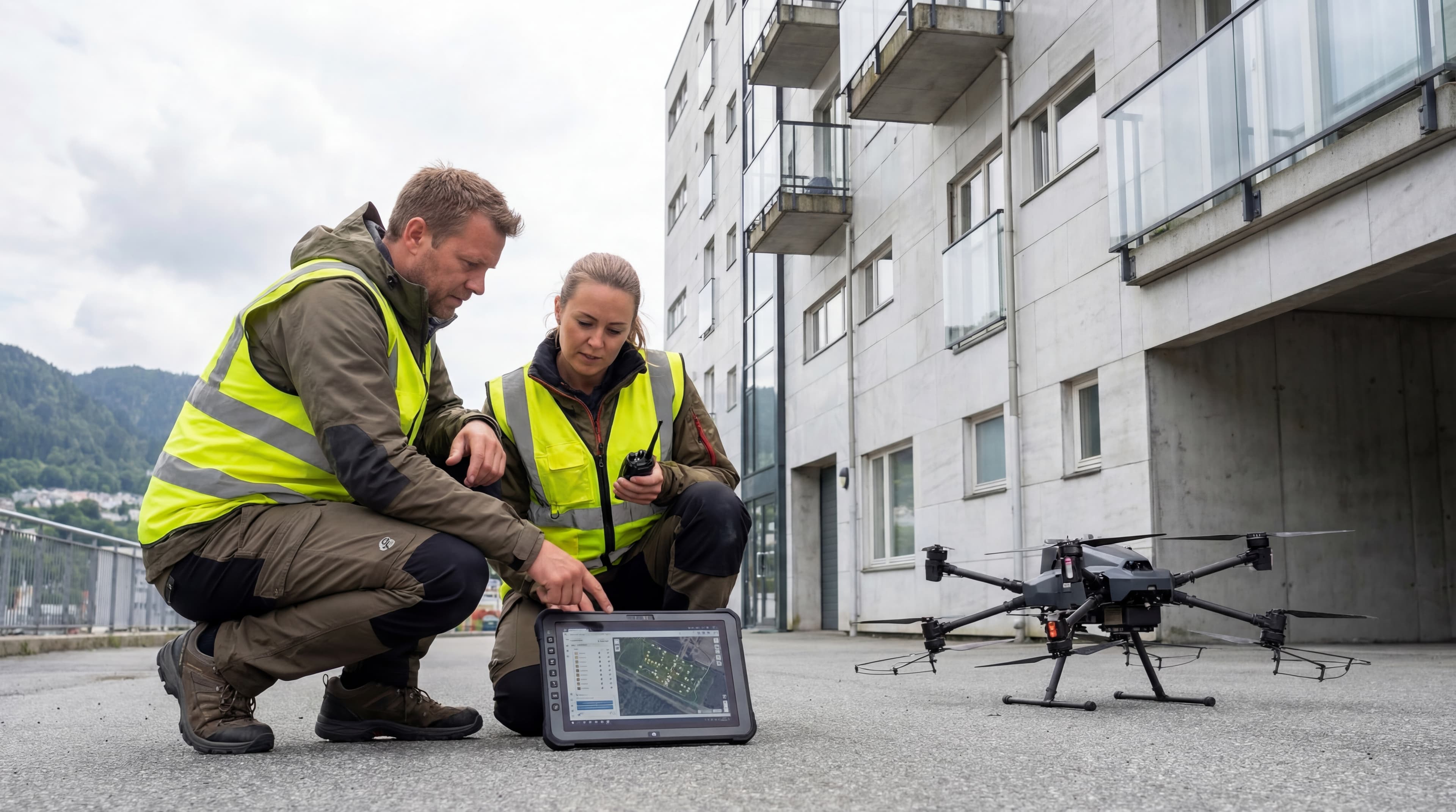 To personer samarbeider om et dronevaskeroppdrag