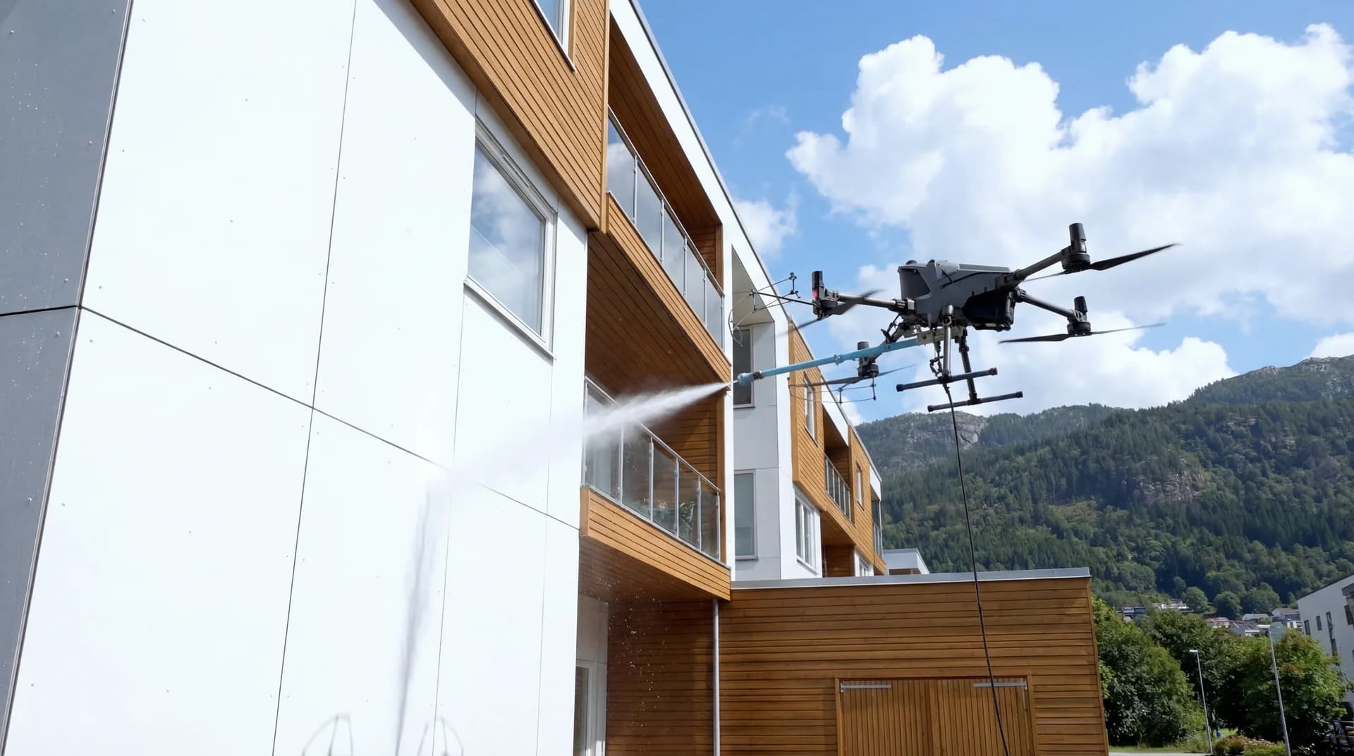 Drone som vasker fasade på bygning