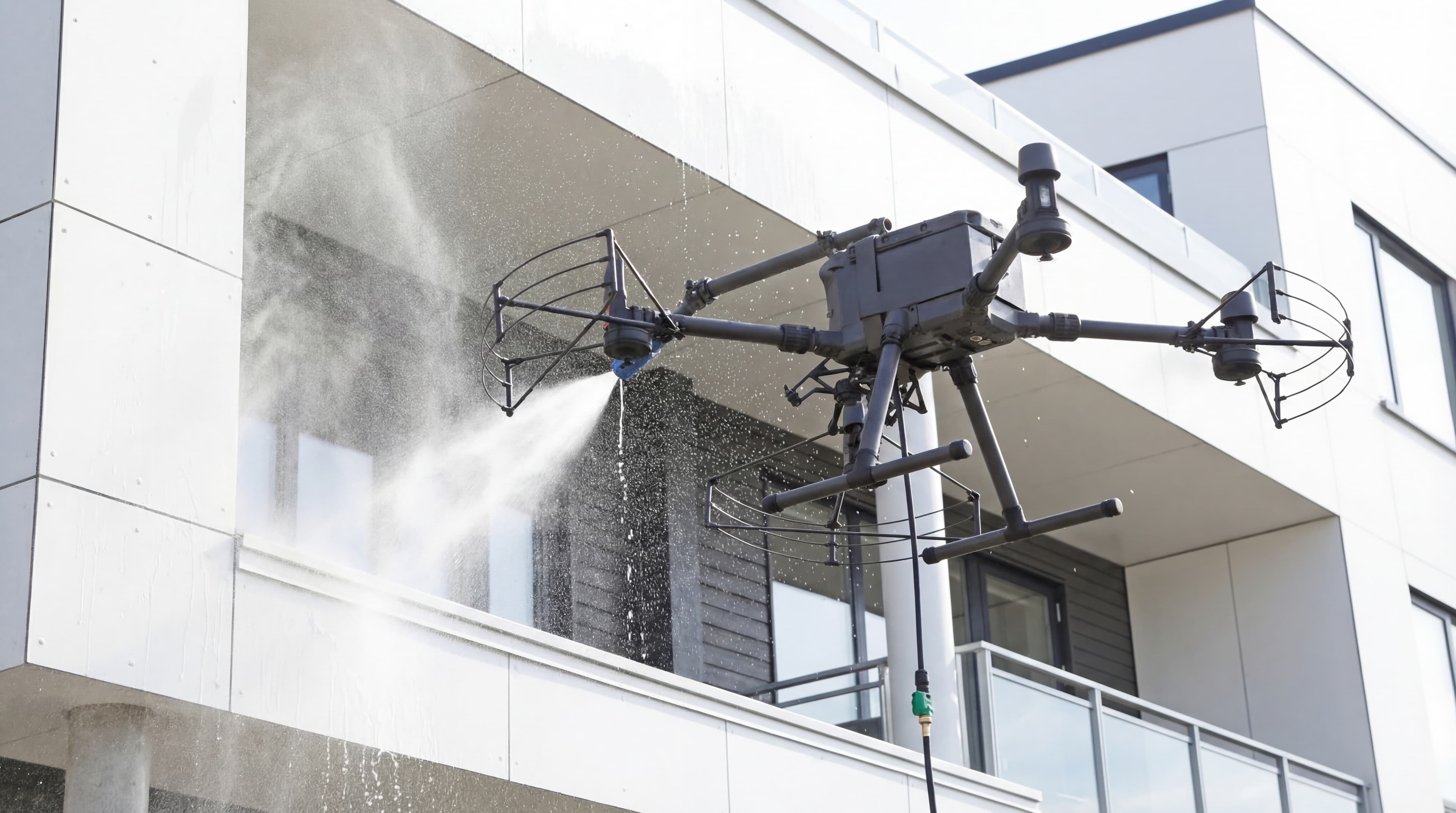 Drone som vasker fasaden på et moderne kontorbygg med høytrykksspray.